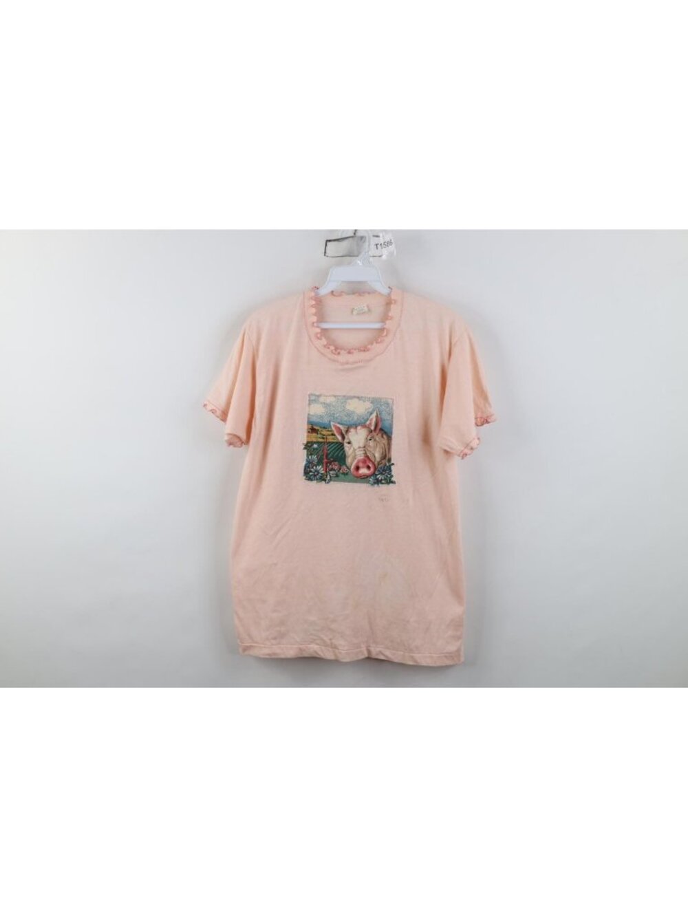 Vintage 80s 90s Country Farm Quilt Patch Pig Ruffled T-Shirt Womens Size M USA